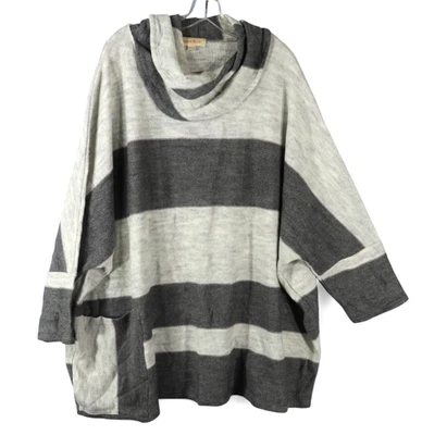 SUÉTER LISTRADO ISOLDE ROTH 2 tons cinza gola capuz bolsos Lagenlook 50-52/3X/4X - Imagem 1 de 4