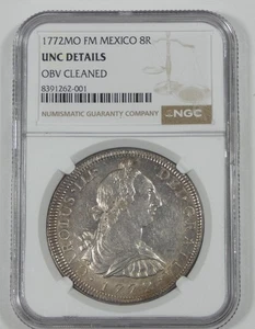 NGC Auténtico 1772 Mo F.M. Moneda de 8 reales de plata MÉXICO UNC detalles - Imagen 1 de 4