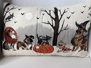 Pier 1 Halloween Fall Dog Cats Embroidered Lumbar Pillow Beige Made In India - Picture 1 of 9