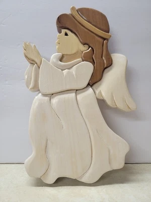 Hand Carved Folk Art Wood Praying Angel Wall Plaque Christmas Puzzle Look Signed - Image 1 of 4