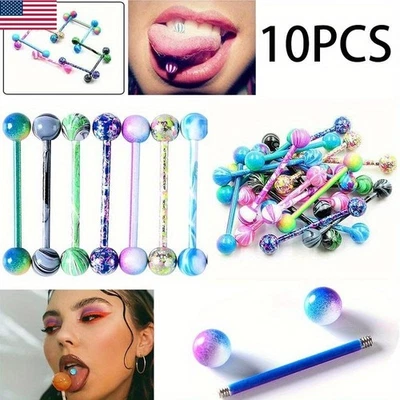 10PCS Colorful Nipple Piercing Vibrant Stainless-Steel Ball Barbell Tongue Rings - Image 1 of 4