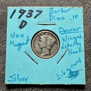 1937-D Barber Silver Dime Winged Liberty Head. 2.6g. Silver. Non Magnetic. - Picture 1 of 4