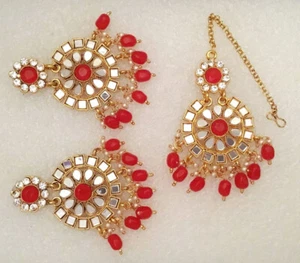 Red Indian Punjabi Style Bollywood Fashion Earrings Maang Tikka Bridal Jewelry  - Picture 1 of 7