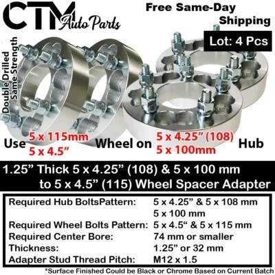 4x 1.25 Thick 5x4.25 to 5x4.5(5x115) Wheel Spacer Adapter Fit Volvo Jaguar &More - Image 1 of 4