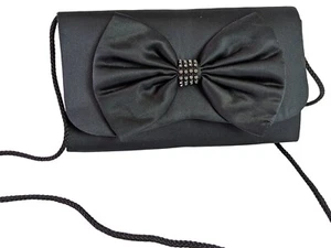 La Regale Satin Black Evening Bag with Bow Snap Closure Rope Shoulder Purse - Picture 1 of 8