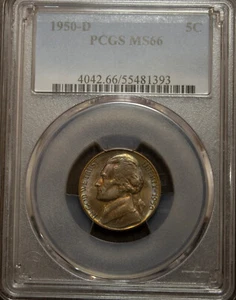 1950 D Jefferson Nickel PCGS MS66 Superb Tone Nearly Full Steps Nice Lot 1277 - Picture 1 of 4