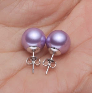 925 Sterling Silver 8mm Round Natural Tahitian Shell Pearl Stud Post Earrings - Picture 1 of 16
