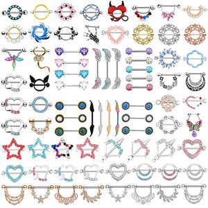 50 Styles PAIR CZ Opal Nipple Rings Shield Bar Barbell Surgical Steel Piercings - Picture 1 of 36