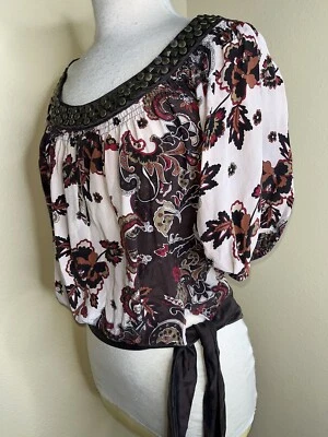 BEBE Silk Paisley Top Studded Neckline Blouse Brown Red Size XS Drop Waist Bow - Image 1 of 4