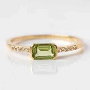 Women's Peridot Gemstone Ring Baguette Cut Jewelry For Engagement & Anniversary - Picture 1 of 7