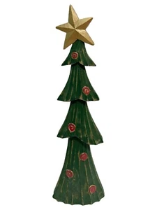 PIER 1 Wooden Christmas Tree Pine Gold Stars Green Holiday Primitive 16"  Tall - Picture 1 of 9