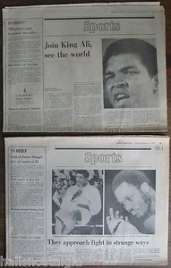 Dos secciones deportivas Boston Globe 1975 obituario Casey Stengel, Ali vs. Frazier - Imagen 1 de 2