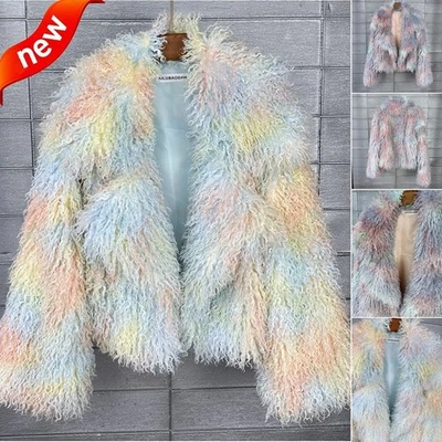 3-Color Mixed Women Faux Fur Curly Coat Winter Short Warm Fluffy Lapel Outwear - Image 1 of 4