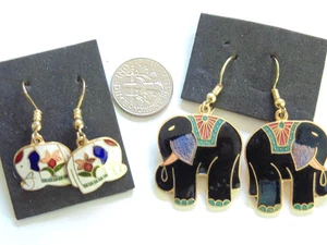 2 Lot Vtg Cloisonne Enamel Elephant Earrings Drop Dangle Earrings Black White - Picture 1 of 4