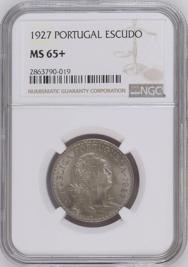 :1927 1-ESCUDO PORTUGAL KM#578 NGC MS 65+ LIBERTY HEAD RIGHT LOW-POP HIGH-GRADES - Image 1 of 2