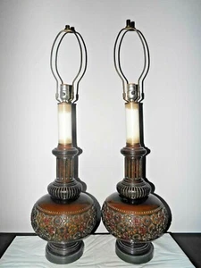 LAMPS PAIR 34"H 3-WAY TROPICAL THEMED FANCY CERAMIC FLORAL DISPLAY TABLE LAMPS - Picture 1 of 12