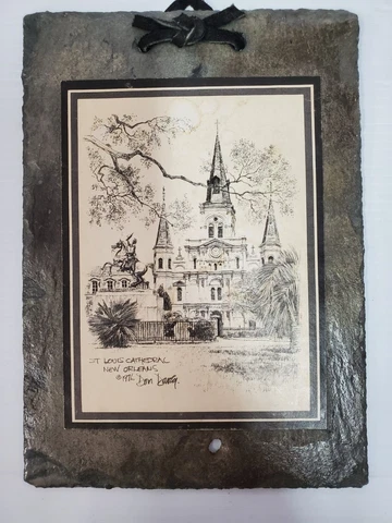 St Louis Cathedral on Antique Roof Slate made in New Orleans -signed 1976 Cover