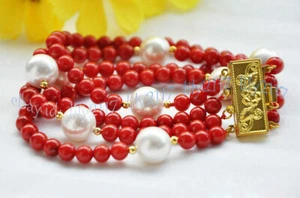 4 Rows 6mm Red Coral Gems 12mm White Shell Pearl Round Beads Bracelets 8'' AAA - Picture 1 of 4