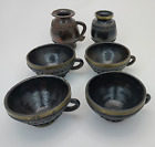 6 Piece Handmade Vintage African Tea Set, 4 Cups, Creamer, Sugar Jug, Brass Trim