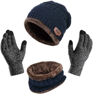 Winter Beanie Hat Warmer Scarf Touchscree Glove Warmer Neck Thick Knit Skull Cap - Picture 1 of 31