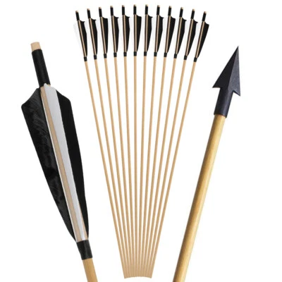 32" Archery Wooden Arrows Hunting Arrowheads 5" Feather Recurve Bow Longbow - Image 1 of 4
