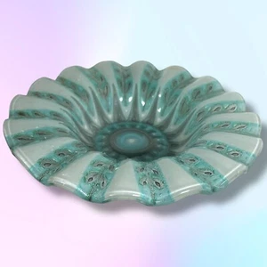 Vtg Signed Higgins 6.5” Fused Glass Fern Ruffled Ashtray Grey-Green & Baby Blue - Picture 1 of 10