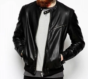 MENS VINTAGE CAFE RACER BLACK LEATHER CASUAL SLIM FIT REAL SCUBA JACKET MJ97 - Picture 1 of 6