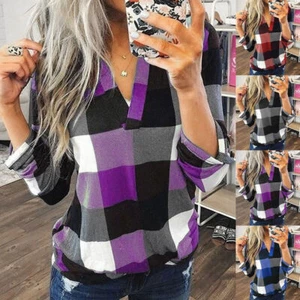 Women's Checked Long Sleeve Shirts V-Neck T-Shirt Tops Loose Shirt Blouse Tops - Picture 1 of 15