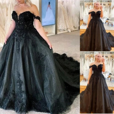 Gothic Black Wedding Dresses Off Shoulder Lace Glitter Sweep Train Bridal Gown - Image 1 of 4