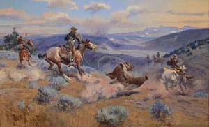 oil painting handpainted on canvas"The cowboys are hunting a wild animal"@3182 - Picture 1 of 1