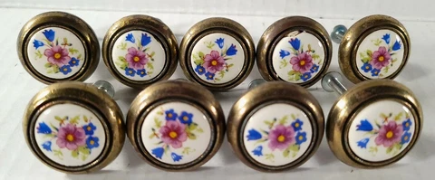 9 Vintage (1960s) National Lock Brass & Ceramic Drawer Pulls #F1-3587-100 Cover