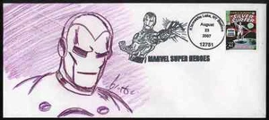IRON MAN - Rob GRANITO - Handsignierte Orig.Zeichnung 2007 mit Orig.Briefmarke - Bild 1 von 1