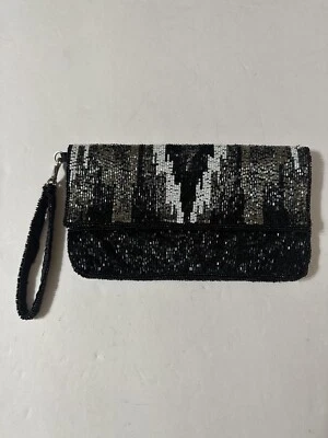 Cartera de Noche Express Clutch Semilla Cuentas Diseño Negro Blanco Forrada Satén Foto 1 de 4