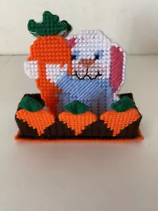 Set Of 6 Handmade Rabbit W/ Carrot Plastic Canvas Coasters & Holder Felt Backed - Picture 1 of 10