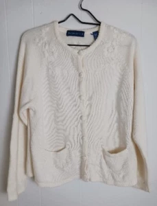 Vintage Karen Scott Embroidered Button Up Cardigan Flowers Cream Size Large  - Picture 1 of 12