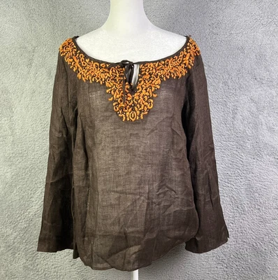 Lafayette 148 New York Blouse Womens 10 Brown Linen Embroidered Long Sleeve Top - Image 1 of 4