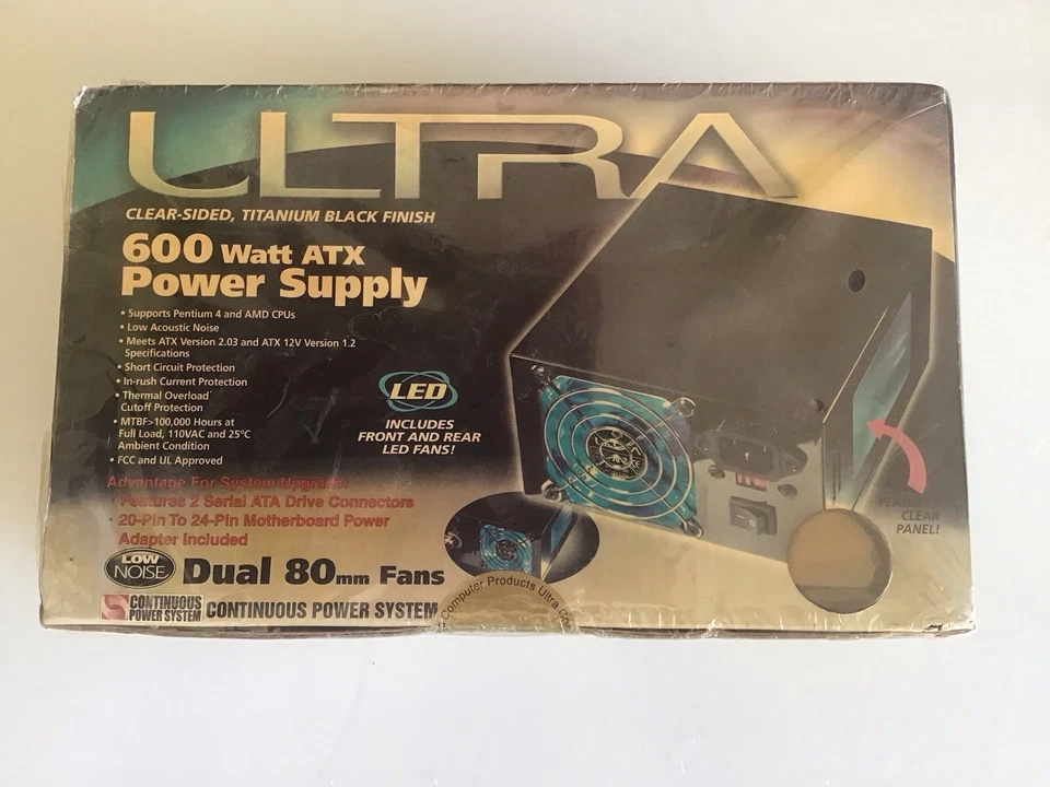 Ultra 600 Watt ATX Power Supply Titanium Black Clear Side Dual 80mm LED Fans New - Image 1 of 4