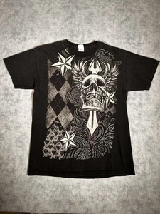 Y2K M&O Skull Cross Angel Wings Shirt Mens Medium Biker Metal Goth Grunge Punk - Picture 1 of 5