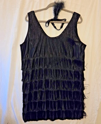 California Costumes Halloween Flapper Dress Black Fringe Trim 1X Plus Feather - Image 1 of 4
