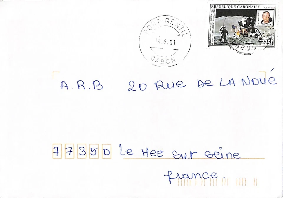First man on the moon 225 F stamp on cover Port-Gentil 2001 - Image 1 of 1
