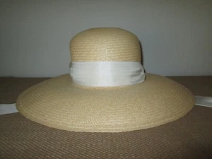 New Women's COOLIBAR Natural Hand Woven Wide Brim Sun Hat White Ribbon Tie ~ S - Picture 1 of 7