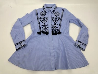 Camisa ZARA MUJER Azul Blanco Rayas Botón Bordado Borlas Talla XS Mujer Foto 1 de 4