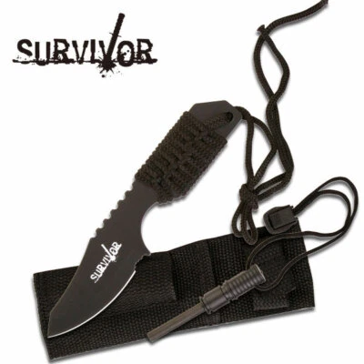 CUCHILLO DE HOJA FIJA SURVIVOR 7" CORDÓN NEGRO ENVUELTO INICIADOR DE FUEGO + FUNDA HK106321B Foto 1 de 2