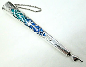 Sterling Silver Torah Yad Pointer Hammered & Blue Enameled Handmade - Picture 1 of 9