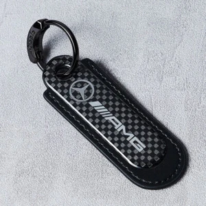 Real Carbon Fiber+Black Leather Keychain Key Fob Key Ring for Mercedes Benz AMG - Picture 1 of 1