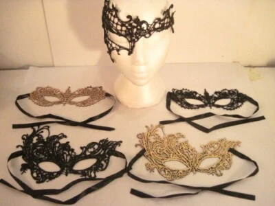 5 GOLD & BLACK LACE EYE MASK MARDI GRAS HALLOWEEN GIRLS NIGHT OUT COSTUME NIP - Image 1 of 4