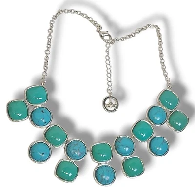 Trifari Silver Tone Turquoise Teal Square Round Gemstone Statement Necklace - Image 1 of 4