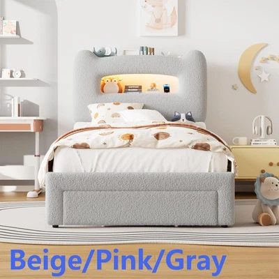 GARVEE Twin Size Upholstered Bed Frame W/ Storage Headboard Drawer Led Charging Station