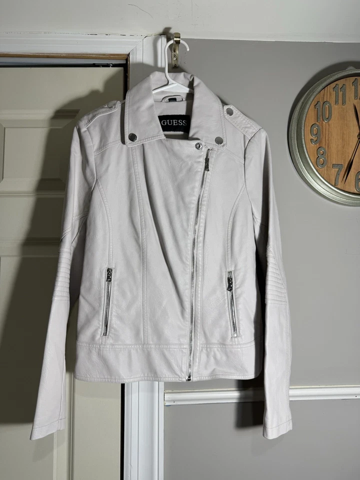 Chaqueta de motociclista Guess para mujer talla M cuero blanco bolsillos con cremallera completa Foto 1 de 3