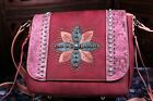 Vegan Suede Leather Saddle Bag Floral Design Bejeweled Fucshia Montana West